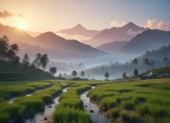 Obraz premium Serene mountain range with misty fog and rice fields, misty mountains, countryside scenery, natural beauty
