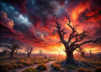 Eerie Landscape: Twisted Trees, Ominous Sky, Demonic Possession Scene