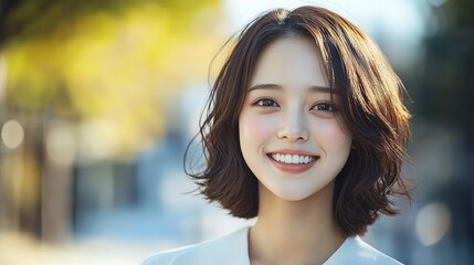Fototapeta premium close up woman face portrait with calm and optimistic vibes, smiling young Japanese woman at city street 