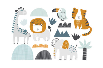 Vector illustration of cute African animals. Giraffe, lion, tiger, toucan, elephant. Landscape elements: mountains, hills, palm tree, tropical leaves. Jungle. Safari. Illustration for children.