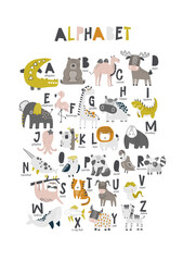 Vector illustration of alphabet for kids with animals. Childrens funny ABC for preschool, kindergarten learning, reading. Learn letters from a to z with animal theme. Kids poster. Scandinavian.