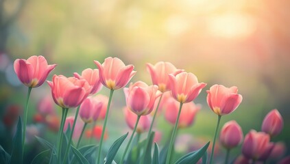 Obraz premium Pink Tulips garden, Sunlight with Softly Blurred Background, Copy Space for Text, Banner or Poster, Spring Floral, Greeting Card, Happy Mother's Day, Valentine's Day