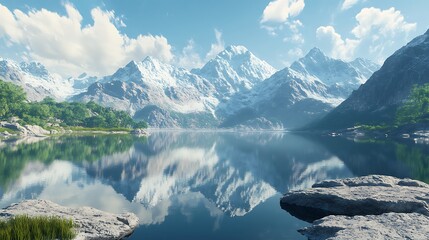Serene mountain landscape with blue sky and lush forested hills