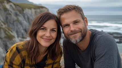 Fototapeta premium love couple man and woman standing relax with beautiful seascape together at beach