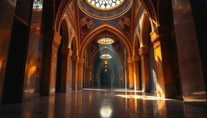 Obraz premium This image captures a stunning, sunlit interior hallway, featuring ornate arches, pillars, and decorative elements
