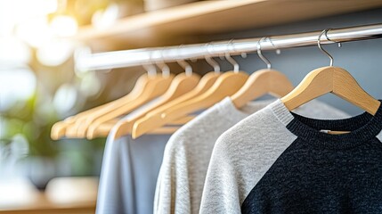 Stylish clothing hanging on a rack in a modern shop during daylight showcasing casual wear for various occasions