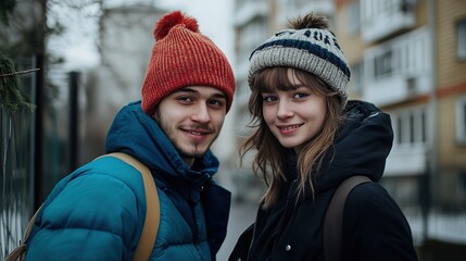 Fototapeta premium young love couple smiling together at city street wearing winter jacket and cap , travel or holiday relax concept