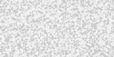 Abstract seamless gradient white and gray triangle random cube web isometric design. diamond creative wall low polygon technology light art white fabric mosaic vector background