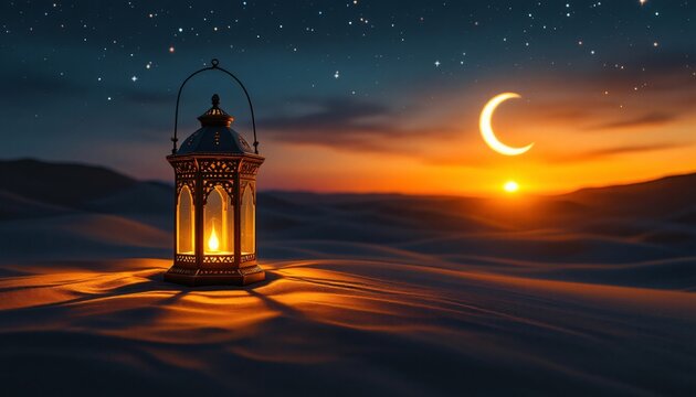 A captivating image of an ornate lantern casting a warm glow on the sandy desert landscape at sunset
