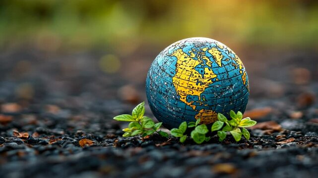 A vibrant globe resting on a gravel surface, surrounded by greenery