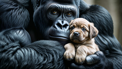 Huge strong gorilla caring of a cute little puppy