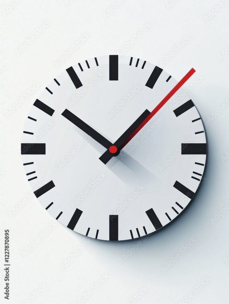 Poster modern clock design showing time with bold black hour markers and a vibrant red second hand indicati