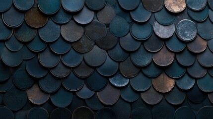 Textured wall featuring overlapping circular tiles in various shades of blue and black, creating a unique decorative pattern in an urban setting