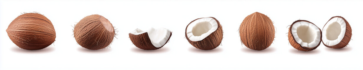 Set of coconuts in different positions, isolated on a white background