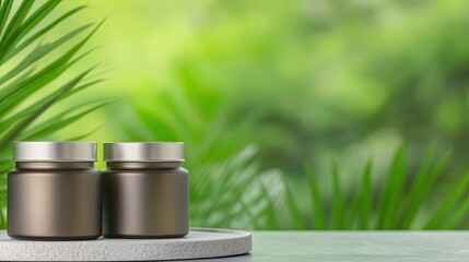close-up of set of refillable skincare jars with metallic lids on clean stone tray under bright natural light