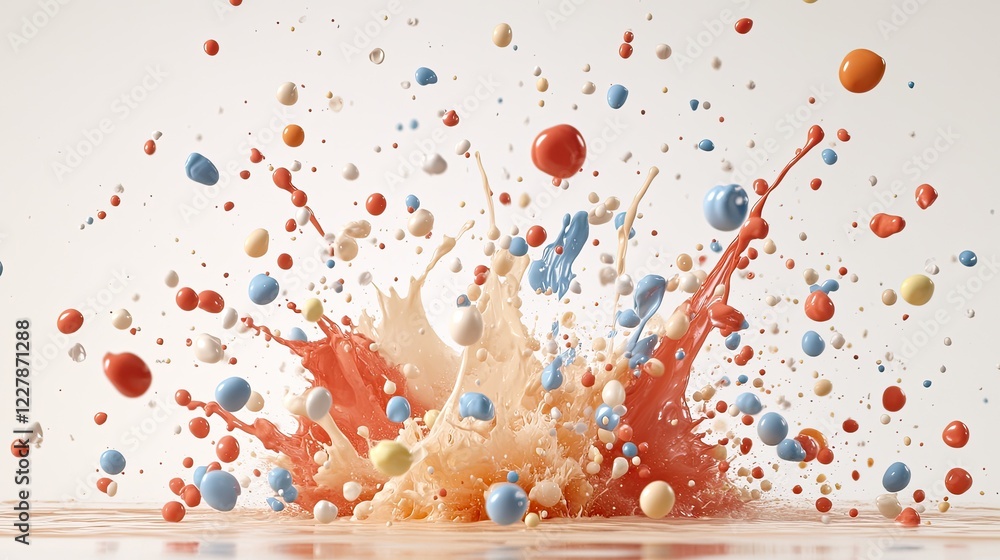 Poster vibrant splashes of paint burst in a dynamic display, showcasing an explosion of colors on a clean w