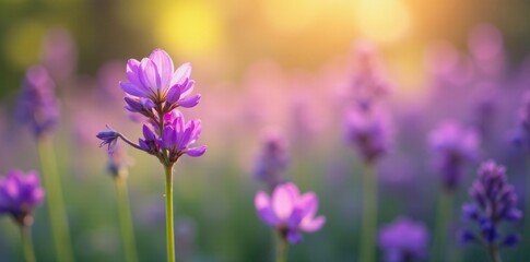 Soft focus purple flowers against bright colorful background, nature, bokeh