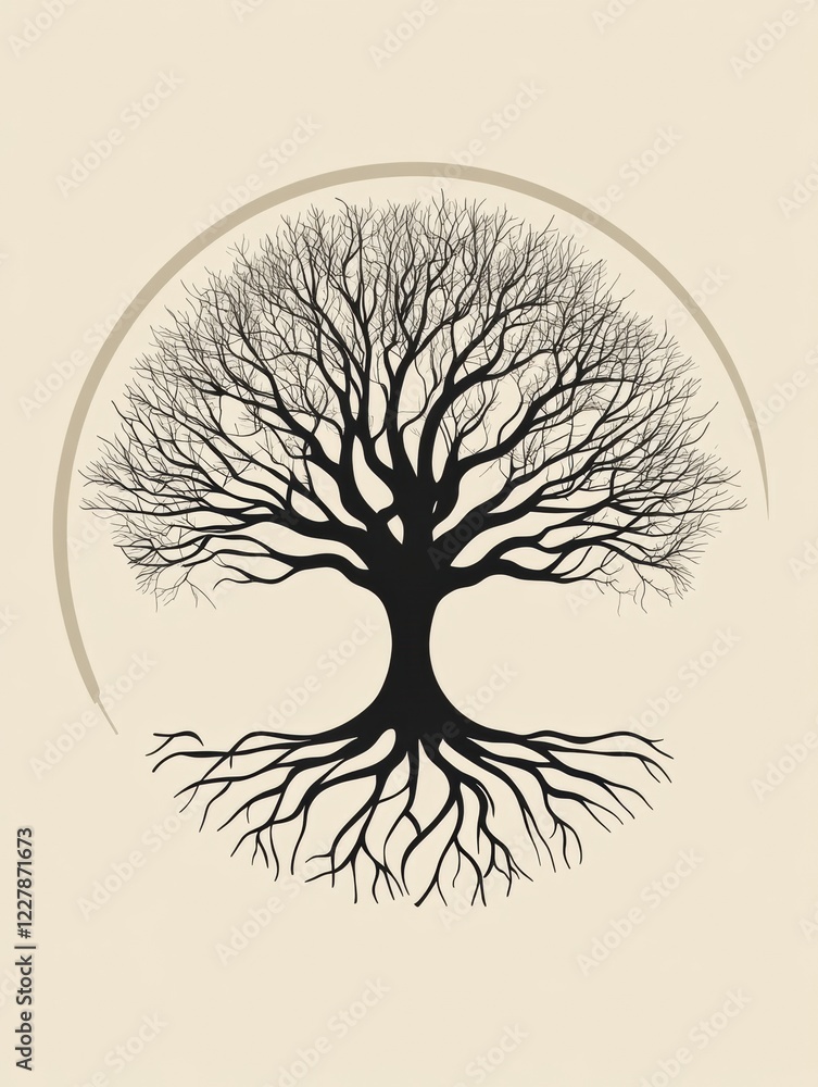 Poster exploring the symbolism of a tree of life showcasing intricate roots during a serene twilight. gener