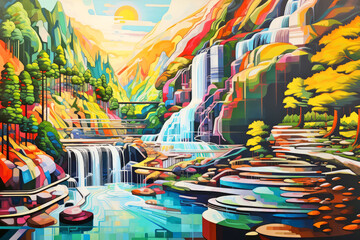 Obraz premium Waterfall Landscape Concept Abstract Colorful Scenery Painting