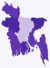 Map of Bangladesh with regions. A simple country border map with region division. Deep purple color palette. Flat design of the People's Republic of Bangladesh shape with administrative division.