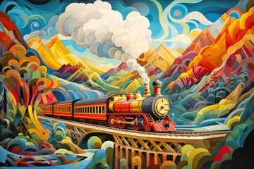 Locomotive Train Concept Abstract Colorful Scenery Painting