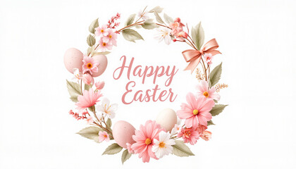 Delicate Easter wreath with flowers and eggs, festive greeting