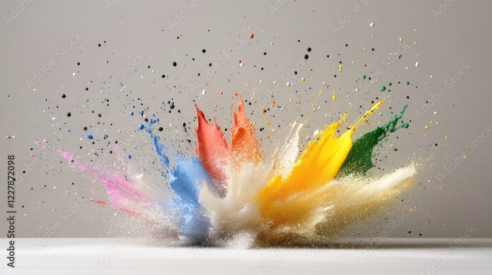 Poster vibrant splashes of paint burst in a dynamic display, showcasing an explosion of colors on a clean w