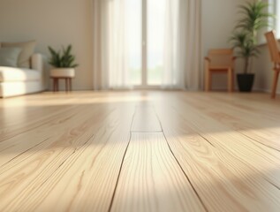 Light Hardwood Floor in Bright Living Room with Sofa and Plant