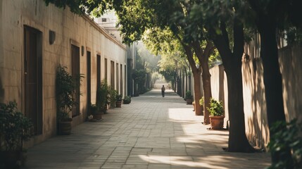 Obraz premium Sunlit pathway between buildings, trees, and potted plants.