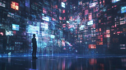 Obraz premium Digital Landscape: A Man Contemplates the Immense World of Data