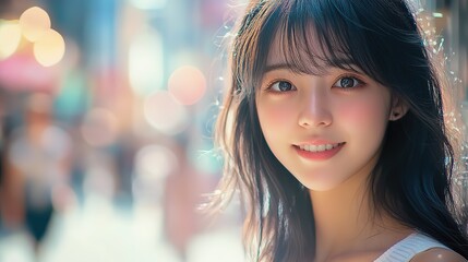 Obraz premium close up woman face portrait with calm and optimistic vibes, smiling young Japanese woman at city street 