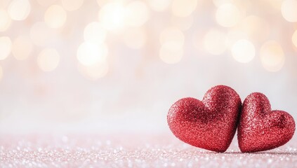 Obraz premium Two Red Hearts on a Pink Glittery Background with Bokeh Lights, Romantic Valentine’s Day Banner with Copy Space