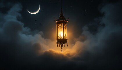 A beautiful, ornate lantern, glowing warmly, hangs suspended amidst a dramatic night sky filled with thick, textured clouds