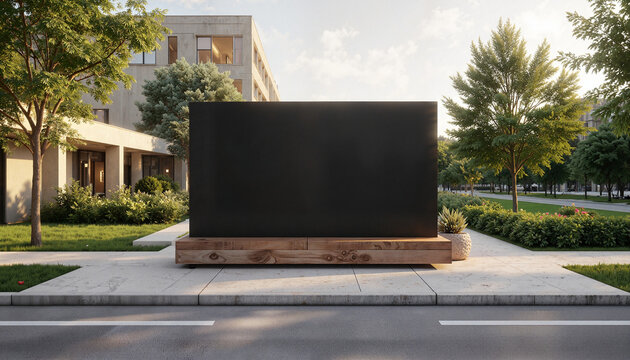 Blank black banner in modern urban park, minimalistic design