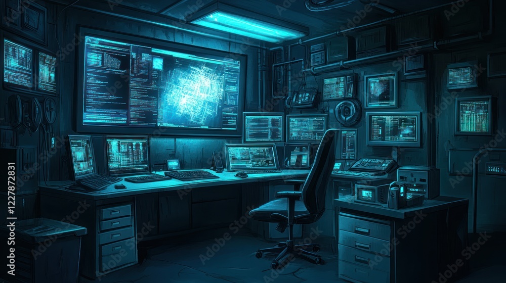 Poster a dimly lit hackers workspace filled with computer screens