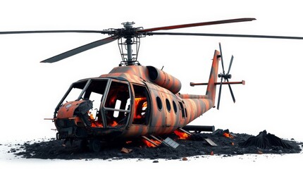 a burned military helicopter wreckage against a white background 