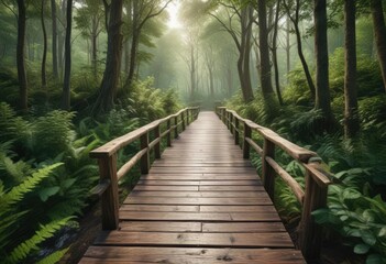 Scenic wooden walkway amidst dense green forest, plant-filled, peaceful setting, outdoor trail