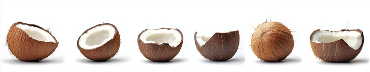 Set of coconuts in different positions, isolated on a white background