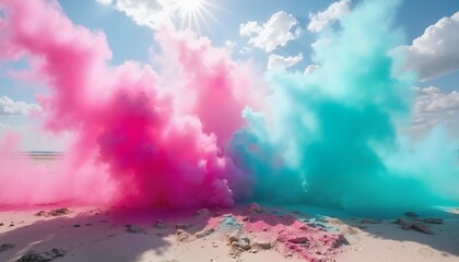 Vibrant cloud of pink and blue powder in open sky, symbolizing joy and celebration
