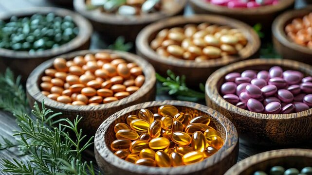 Colorful assortment of supplements in wooden bowls on a rustic table