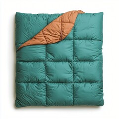 Quilted Sleeping Bag With Two Tones Green and Brown Colors Open Placed On White Background.
