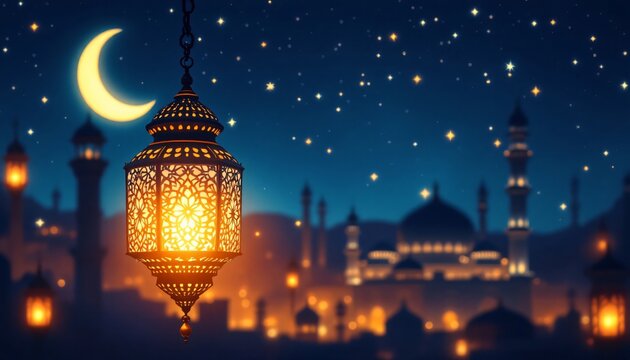 A detailed, ornate lantern, glowing warmly, hangs against a backdrop of a mystical Arabian city at night