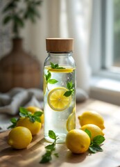 Refreshing Lemon Mint Water in Glass Bottle