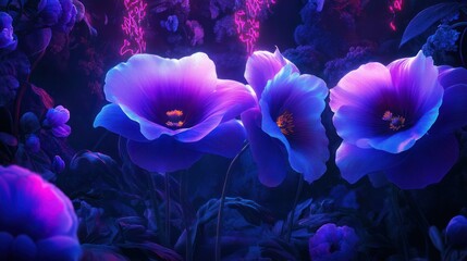 Glowing blue poppies, night garden, fantasy art, website banner