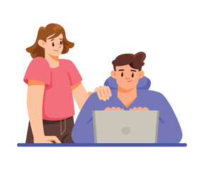 Team Interaction with Man and Woman Work Together Vector Illustration