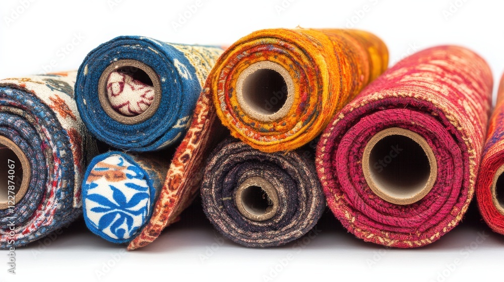 Poster colorful rolled fabrics showcasing intricate patterns and textures, ideal for design projects