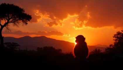 Fototapeta premium Silhouette of monkey infant against dramatic sunset backdrop in natural habitat