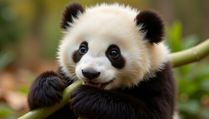 Fototapeta premium Macro photograph of panda cub munching on bamboo with intricate fur details in natural light