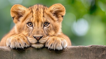 Obraz premium Cute lion cub resting on rock, green blurred background, wildlife photography, ideal for children's books