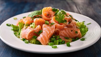 fresh salmon salad with green onions and cilantro on a white plate
